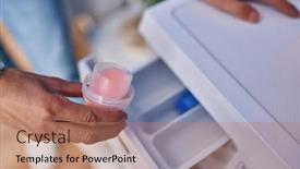  Presentation with face wash woman washing up - Presentation featuring young-woman-pouring-detergent background and a coral colored foreground