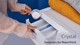  Presentation with laundry detergent - Slide set consisting of young-woman-pouring-detergent background and a light gray colored foreground