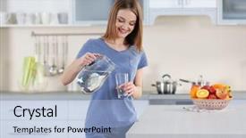  Presentation with water jug - Amazing slide deck having woman pouring water from jug backdrop and a light blue colored foreground