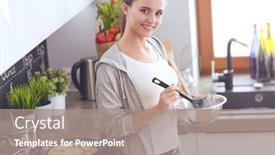 Presentation with kitchen - Beautiful theme featuring young-woman-prepares-pancakes backdrop and a gray colored foreground