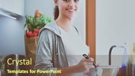  Presentation with kitchen - Slide deck with young-woman-prepares-pancakes background and a  colored foreground