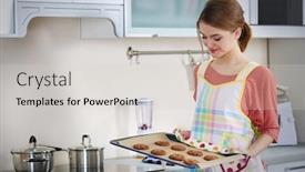  Presentation with cookies - PPT layouts having young woman preparing chocolate cookies in the kitchen background and a light gray colored foreground