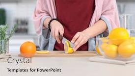  Presentation with lemonade - Presentation theme enhanced with young woman preparing tasty lemonade in kitchen background and a coral colored foreground