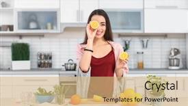  Presentation with lemonade - Presentation design with young woman preparing tasty lemonade background and a coral colored foreground