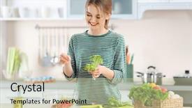  Presentation with man watching woman preparing vegetables - Cool new slides with young woman preparing vegetable salad backdrop and a mint green colored foreground
