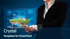  Presentation with ecology - Theme having young woman presenting a perfect ecology land with a house and windmills background and a ocean colored foreground