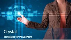  Presentation with modern tech - Presentation with young woman pressing high tech background and a  colored foreground