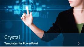  Presentation with modern tech - PPT theme consisting of young woman pressing high tech type of modern buttons background and a ocean colored foreground