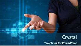  Presentation with high tech - Amazing PPT layouts having young woman pressing high tech backdrop and a ocean colored foreground