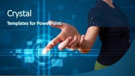  Presentation with modern tech - Theme enhanced with young woman pressing high tech background and a  colored foreground