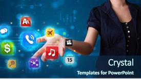  Presentation with high tech illustration - Amazing PPT theme having young woman pressing various collection backdrop and a  colored foreground