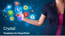  Presentation with high tech face recognition - PPT theme featuring young woman pressing various collection background and a  colored foreground