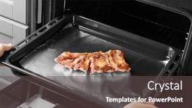  Presentation with ribs - Cool new slides with young woman putting baking tray with pork ribs into oven backdrop and a dark gray colored foreground