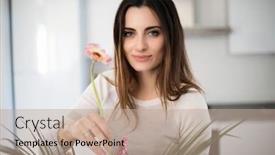  Presentation with flowers vase - PPT layouts with young-woman-putting-colorful-flowers background and a coral colored foreground