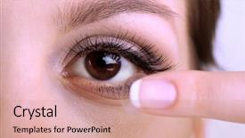  Presentation with contact lens - Beautiful PPT theme featuring young woman putting contact lens in her eye close up backdrop and a coral colored foreground