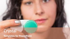  Presentation with contact lens - Presentation design featuring young woman putting contact lens in her eye macro shot background and a coral colored foreground