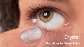  Presentation with contact lens - Colorful presentation theme enhanced with young woman putting contact lens in her eye macro shot backdrop and a coral colored foreground