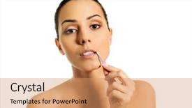  Presentation with ear - Presentation theme featuring young woman putting ear stick background and a coral colored foreground