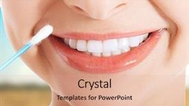  Presentation with ear - PPT layouts featuring young woman putting ear stick background and a coral colored foreground