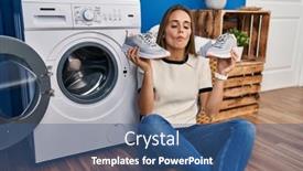  Presentation with sneakers - Theme having young-woman-putting-sneakers background and a ocean colored foreground