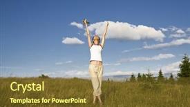  Presentation with sky - Audience pleasing presentation theme consisting of young woman reaching backdrop and a  colored foreground