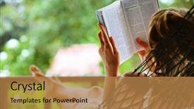  Presentation with reading - PPT theme featuring young woman reading a book background and a coral colored foreground