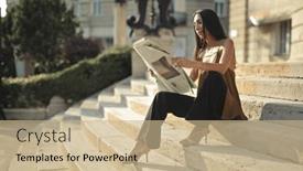  Presentation with steps - Slide set with young-woman-reading-a-newspaper background and a coral colored foreground