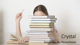  Presentation with book - Beautiful presentation theme featuring students concentration holding pencils - young woman reading book behind backdrop and a mint green colored foreground