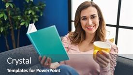  Presentation with coffee book - PPT layouts with young-woman-reading-book background and a ocean colored foreground