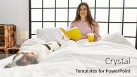  Presentation with coffee book - PPT theme having young-woman-reading-book background and a sky blue colored foreground