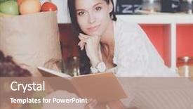  Presentation with cookbook - Amazing presentation design having young woman reading cookbook backdrop and a coral colored foreground