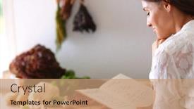  Presentation with cookbook - Cool new theme with young woman reading cookbook in the kitchen looking for recipe backdrop and a coral colored foreground