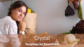  Presentation with cookbook - Cool new slides with young woman reading cookbook in the kitchen looking for recipe backdrop and a red colored foreground