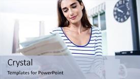  Presentation with reading table - Slides consisting of young woman reading newspaper while background and a light blue colored foreground