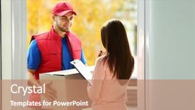  Presentation with young man and a woman - Amazing PPT theme having young woman receiving parcel from delivery man backdrop and a coral colored foreground