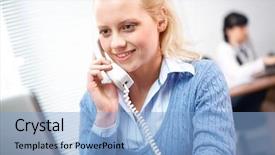  Presentation with receptionist - Colorful PPT layouts enhanced with young woman receptionist with a telephone receiver backdrop and a light blue colored foreground
