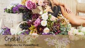  Presentation with mass - Colorful theme enhanced with young woman reclines on couch surrounded by mass of flowers backdrop and a coral colored foreground