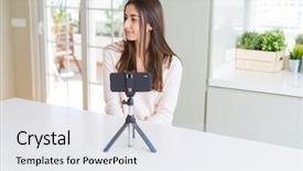  Presentation with young woman - Presentation theme featuring selfie video with smartphone webcam background and a sky blue colored foreground