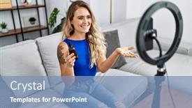  Presentation with home care - Presentation theme with young-woman-recording-skin-care background and a teal colored foreground