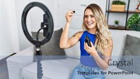  Presentation with home care - Slide set enhanced with young-woman-recording-skin-care background and a light blue colored foreground