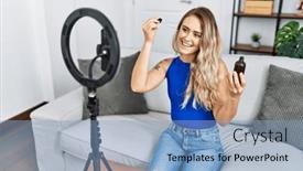  Presentation with home care - Slides enhanced with young-woman-recording-skin-care background and a light blue colored foreground