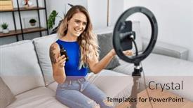  Presentation with home care - Presentation design with young-woman-recording-skin-care background and a coral colored foreground