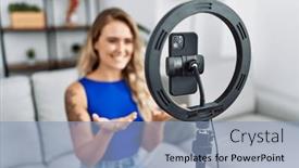  Presentation with recording - Presentation theme enhanced with young-woman-recording-tutorial background and a light blue colored foreground