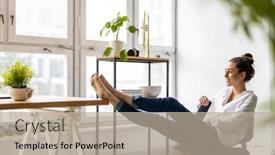  Presentation with woman office desk - Theme with young-woman-relaxing-in-office background and a mint green colored foreground