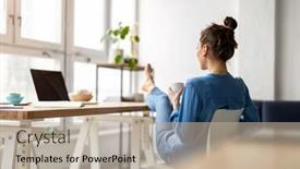  Presentation with woman office desk - Colorful PPT layouts enhanced with young-woman-relaxing-in-office backdrop and a mint green colored foreground