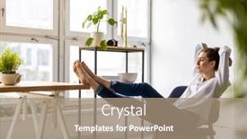  Presentation with woman office desk - Slides having young-woman-relaxing-in-office background and a coral colored foreground