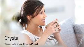  Presentation with soft drink mango - PPT theme consisting of young woman relaxing in sofa background and a soft green colored foreground