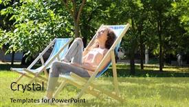  Presentation with lounge - Amazing PPT theme having young woman relaxing on chaise backdrop and a yellow colored foreground