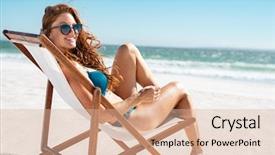  Presentation with sensuality woman black angel relaxing - Cool new slide deck with young woman relaxing on deck backdrop and a coral colored foreground