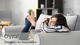  Presentation with sensuality woman black angel relaxing - Slide deck consisting of young woman relaxing on sofa background and a light gray colored foreground